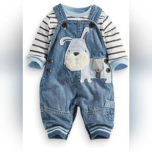Puppy Overalls Striped Long Sleeve Shirt Outfit 12M